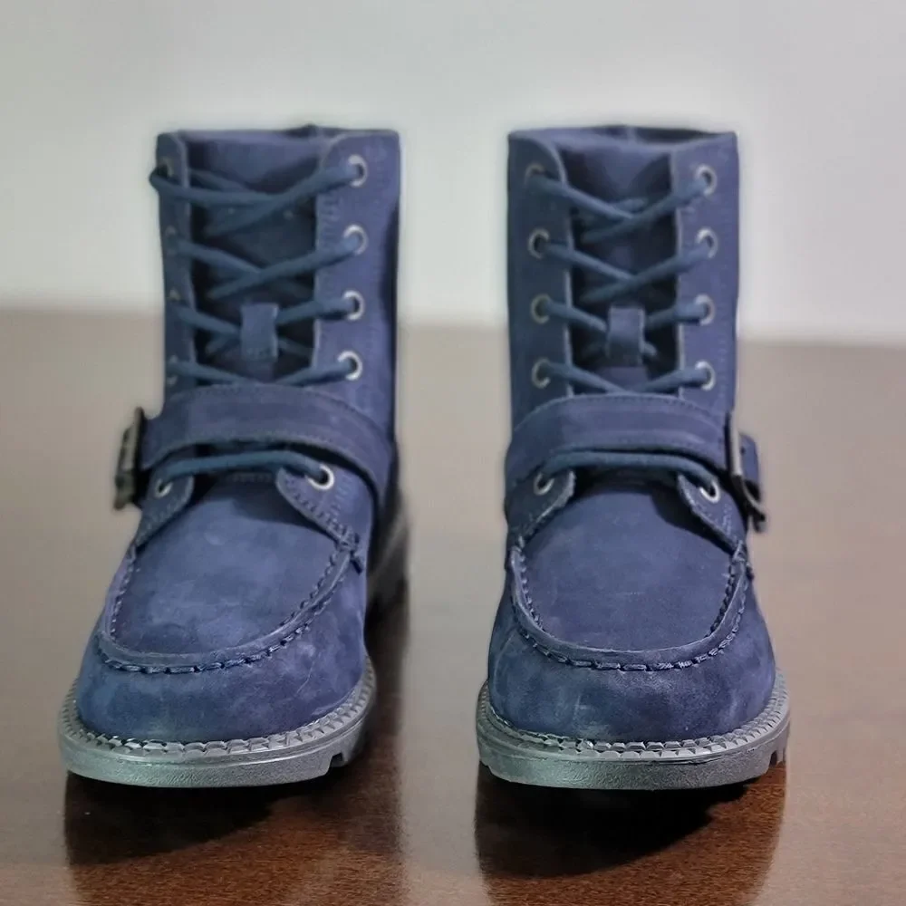 Polo Ralph Lauren Bear Ranger Leather Boots Navy Blue Black Youth Size 2 New